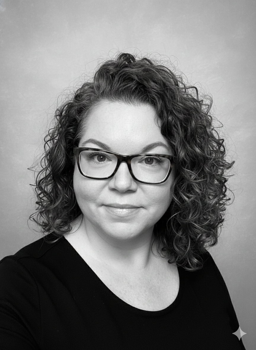 A woman with curly hair, wearing glasses and a black shirt, smiling at the camera against a plain, light-colored background.