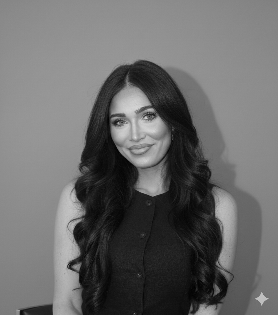 Black and white portrait of a woman with long, wavy dark hair, smiling, wearing a sleeveless top, against a plain background.
