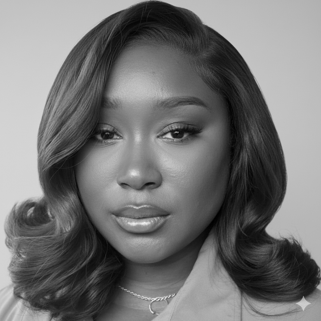 Black and white portrait of a woman with wavy shoulder-length hair, wearing makeup, a necklace, and a light-colored top.