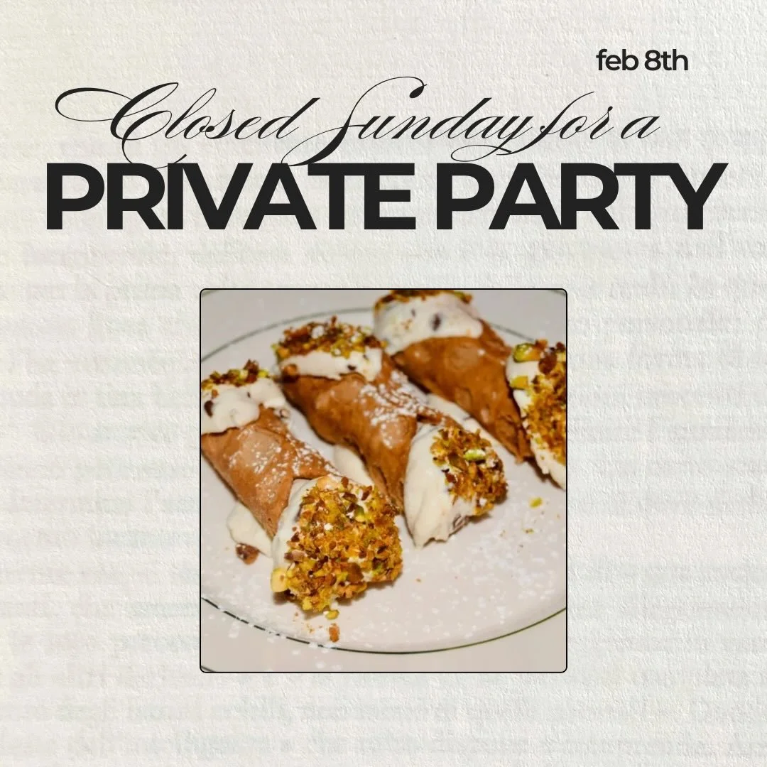 We&rsquo;ll be closed Sunday Feb. 8th for a private party ❤️ so come by tonight to enjoy some warm dishes &amp; sweet treats, + half-priced wine glasses after 9. Ciao! x