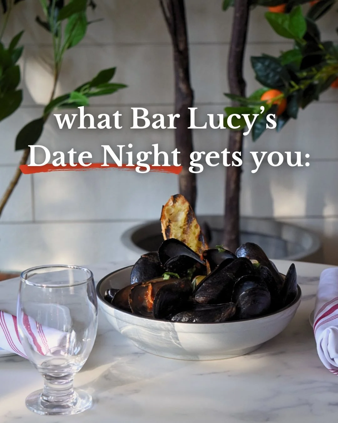 Every Thursday = Date night at Bar Lucy ❤️
Enjoy two glasses of wine / Prosecco, an appetizer, a pizzette, two entrees &amp; a shared dessert all for $100 x 

whether you&rsquo;re on a first date or just want to sample our menu with friends, we&rsquo
