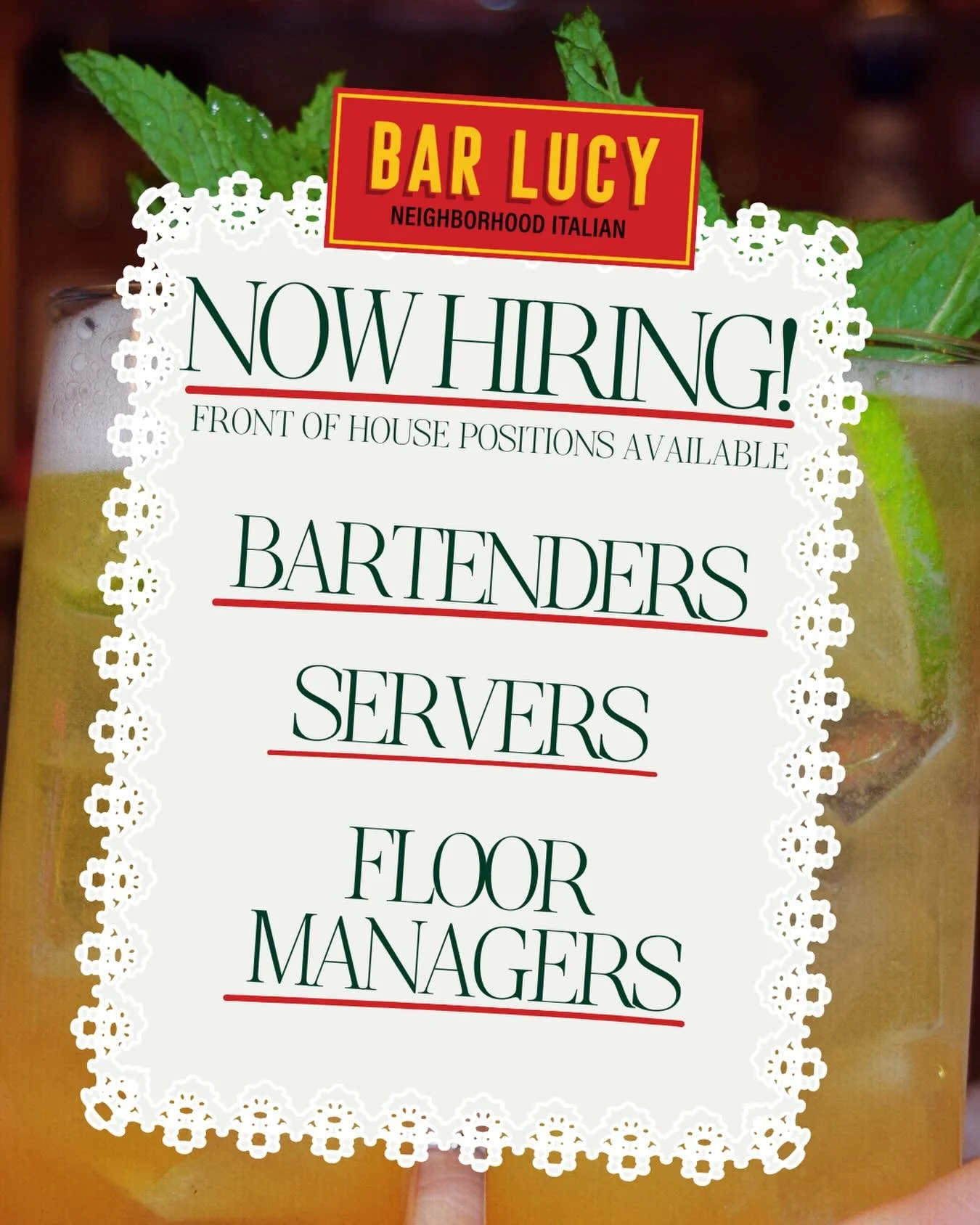 We&rsquo;re looking to grow our team ❤️ if you&rsquo;re an experienced bartender, server, or floor manager, we want to hear from you! Please email barlucybarshore@gmail.com with your resume and a brief cover letter x