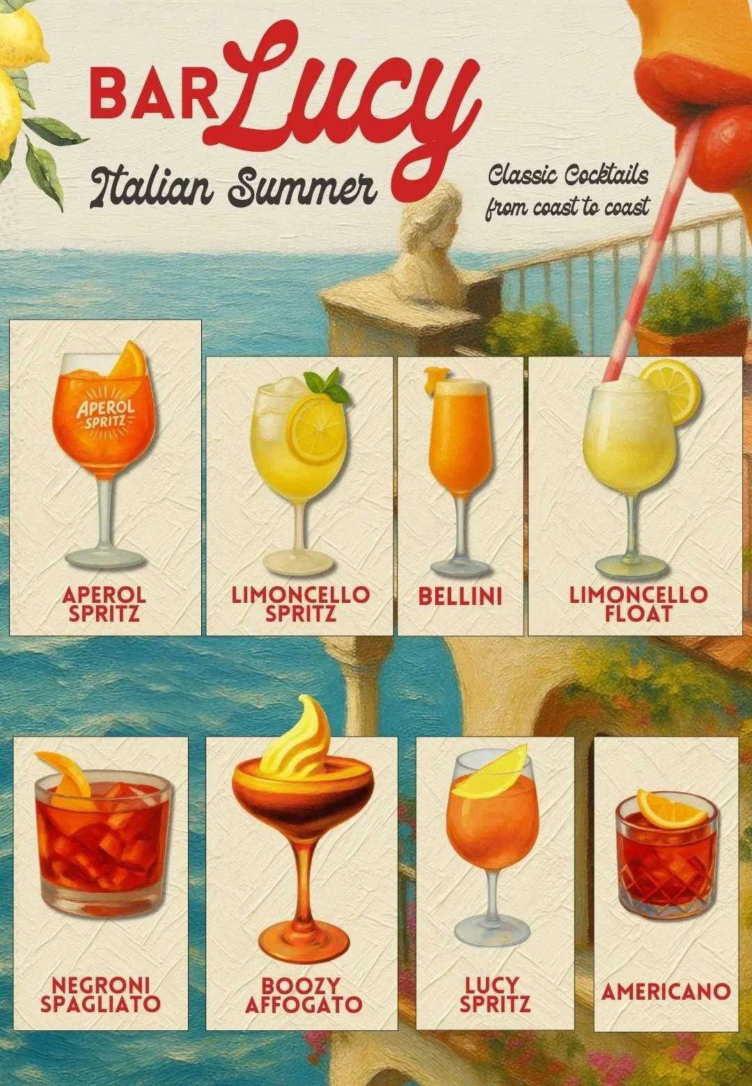 A poster for Bar Lucy featuring Italian summer cocktail drinks. Top row displays four cocktails: Aperol Spritz, Limoncello Spritz, Bellini, and Limoncello Float. The bottom row features four drinks: Negroni Spagliato, Boozy Affogato, Lucy Spritz, and Americano.