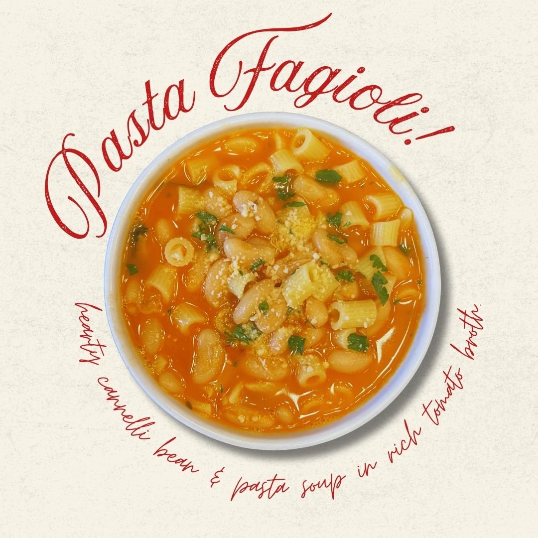 A bowl of pasta e fagioli soup garnished with chopped parsley and grated cheese, surrounded by text that reads "Dasta Fagioli!" and descriptive words about the dish.