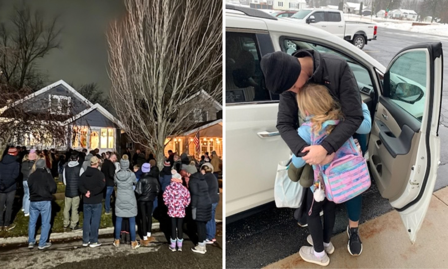 Local church community prays for Kristin the night before her bone marrow transplant; Kristin & Mazy hug after 20 days apart