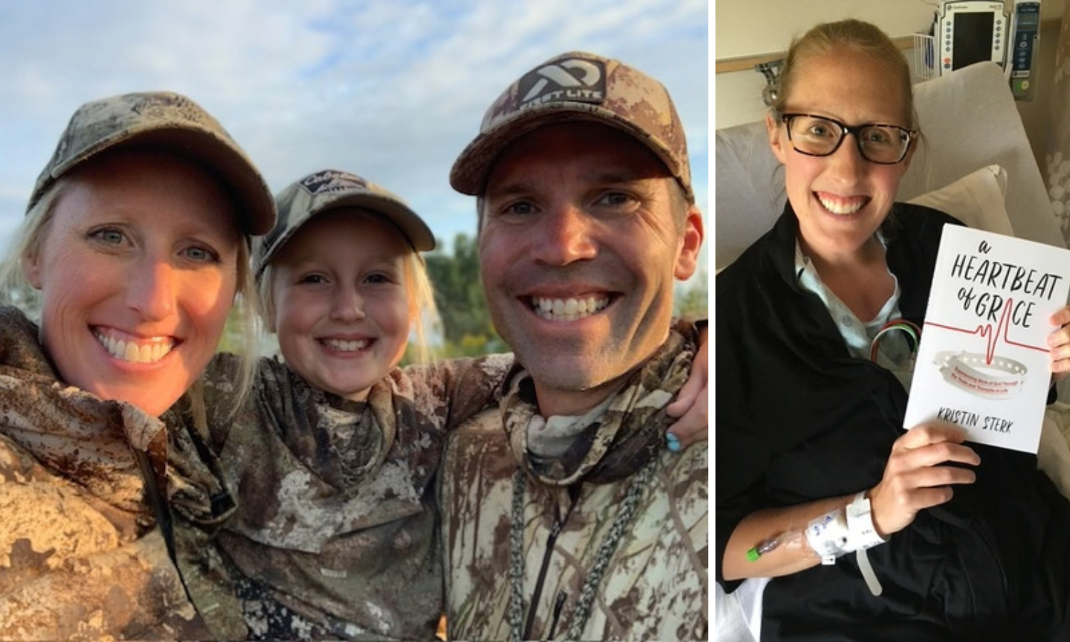 Kristin, Mazy, & Dan; Kristin with her book, A Heartbeat of Grace