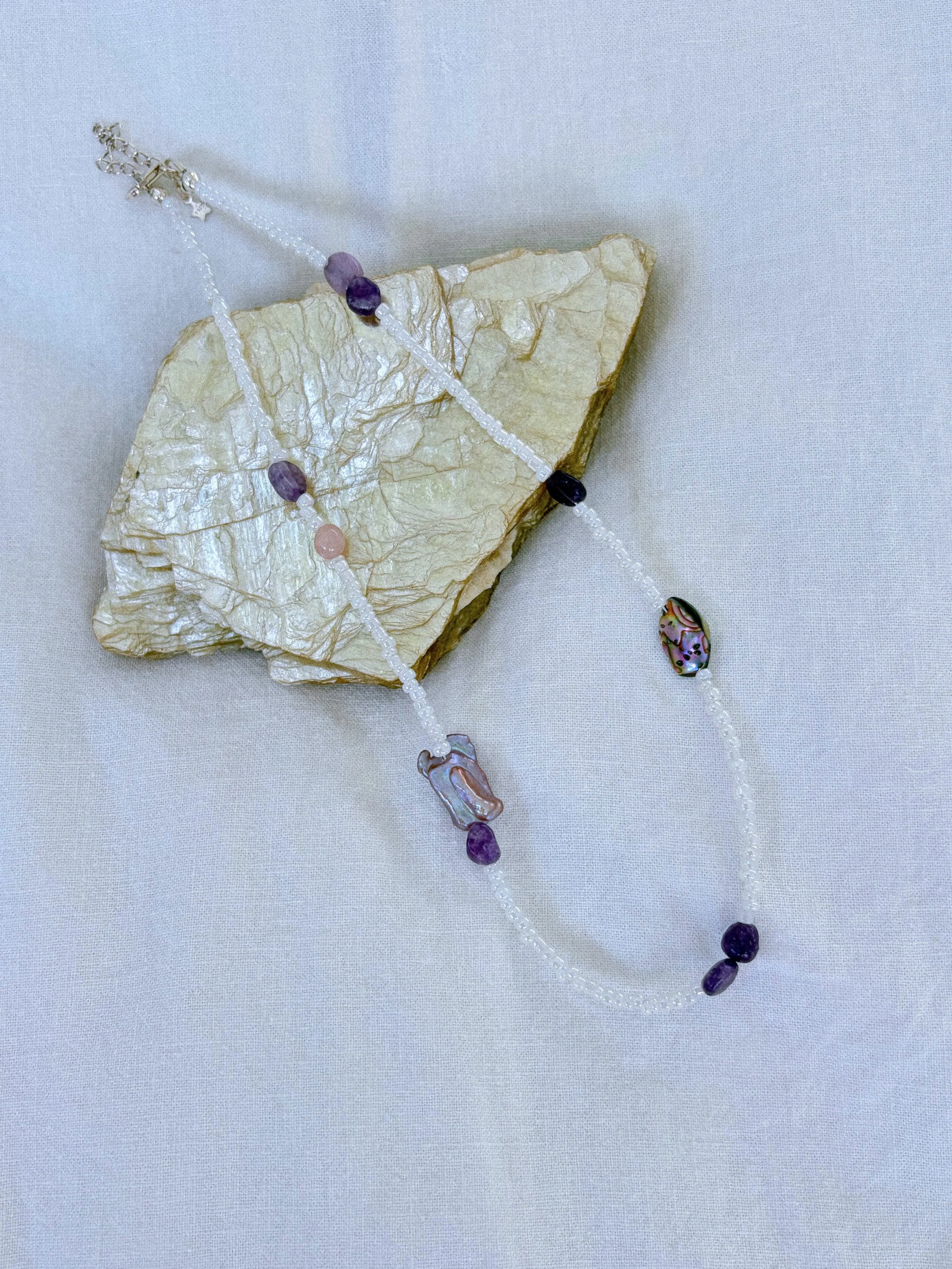 Lepidolite, Abalone, Baroque Pearl & Rose Quartz