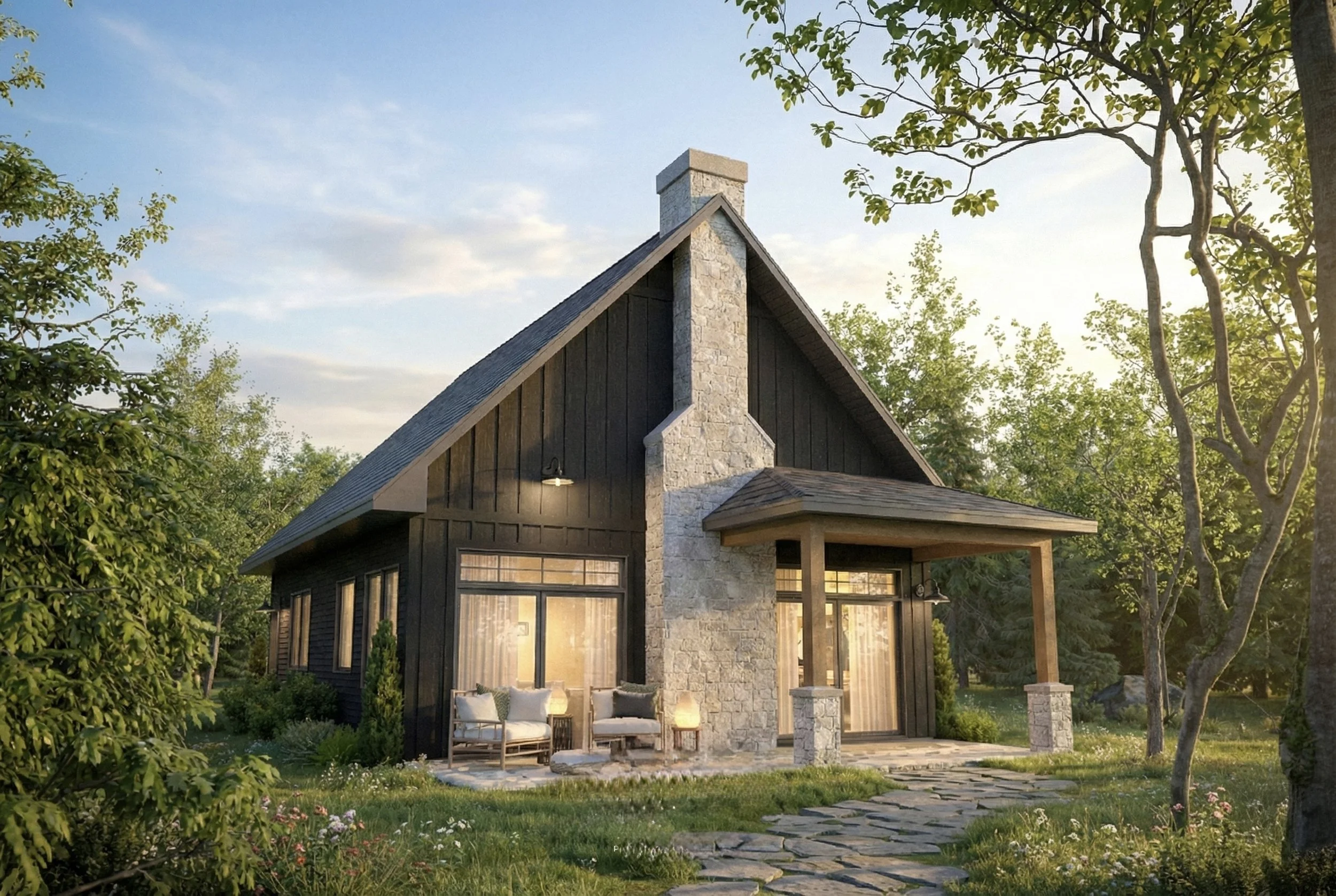 Une maison en bois noir avec une cheminée en pierre, entourée d'arbres et d'un jardin, sous un ciel en fin de journée.