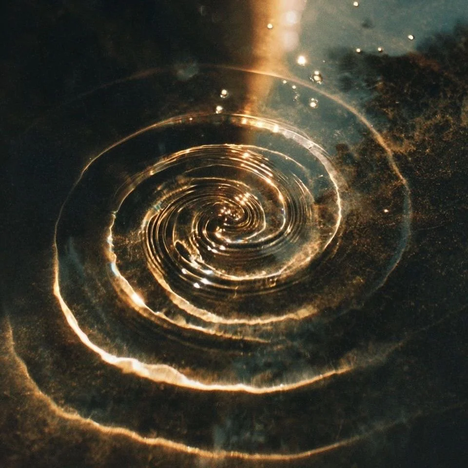 Close-up of a reflective glass surface with a spiral pattern of light, creating a swirling effect.