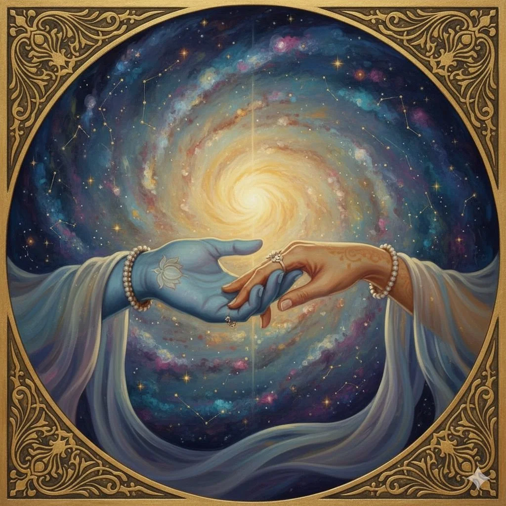 Two hands reaching towards each other in front of a swirling galaxy with stars and constellations, surrounded by ornate gold decorative borders.
