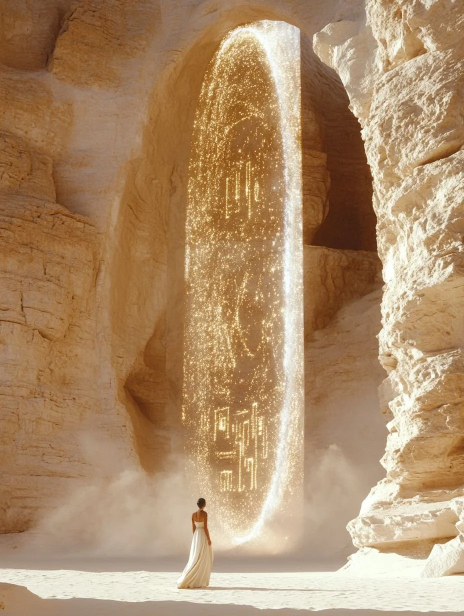 A woman in a long white dress stands in a desert canyon with tall, eroded rock walls. A large vertical waterfall of golden sparkling lights and LED-like symbols cascades into the canyon, creating a glowing, mystical scene.