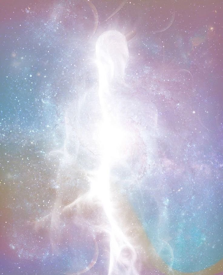 Abstract image of a luminous, ethereal humanoid figure made of swirling light, set against a colorful cosmic background with stars and nebulae.