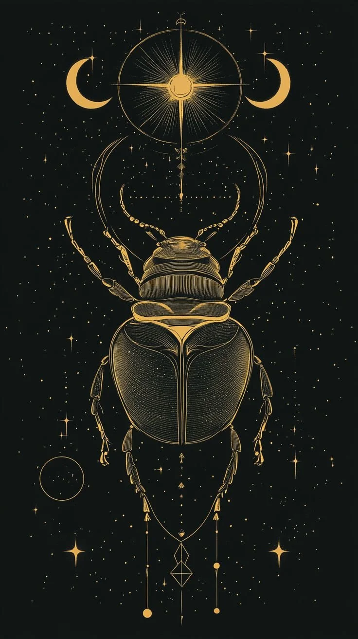 A celestial illustration of a beetle with cosmic and lunar elements, featuring moons and starry patterns against a black background.