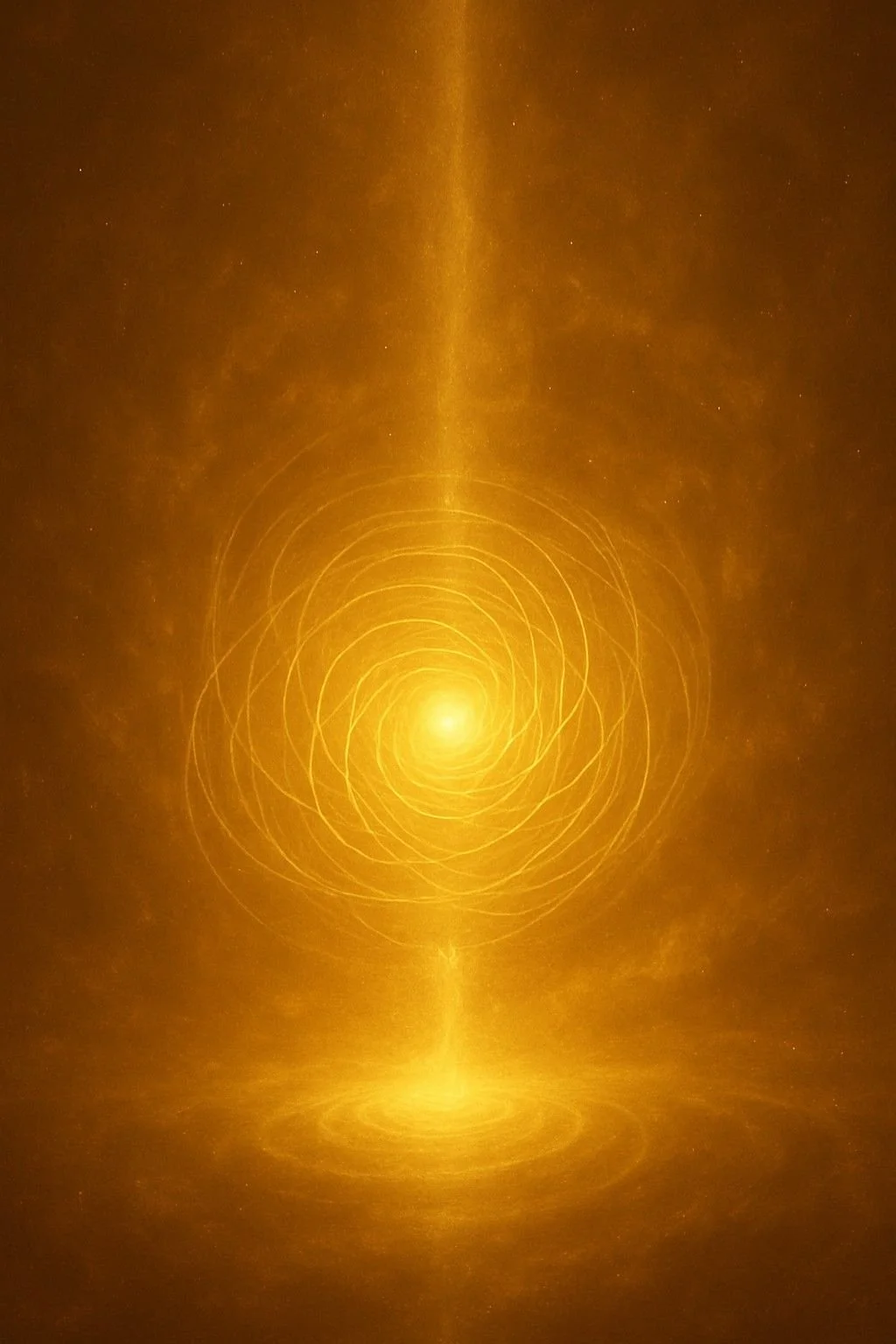 An abstract image with a bright yellow spiral pattern radiating from the center, set against a dark background with small star-like dots.