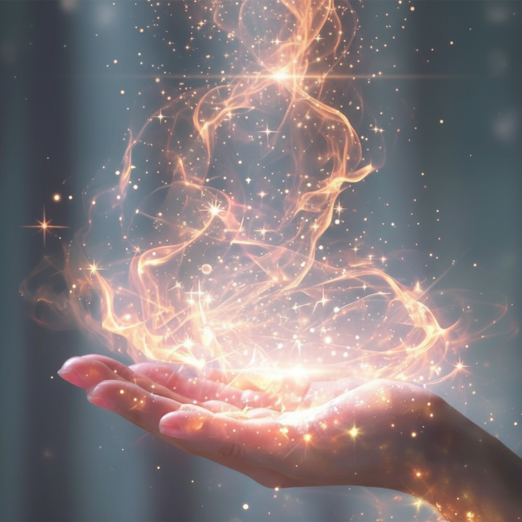 A person's hand with palm facing up, with swirling golden light, sparkles, and shimmering particles floating above it, creating an ethereal glow.