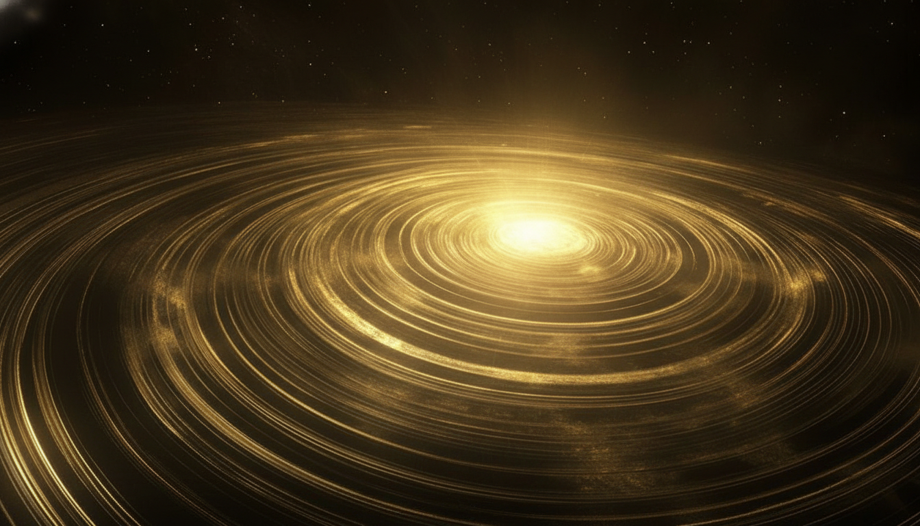 Golden swirling pattern resembling a galaxy or cosmic event with bright light at the center.