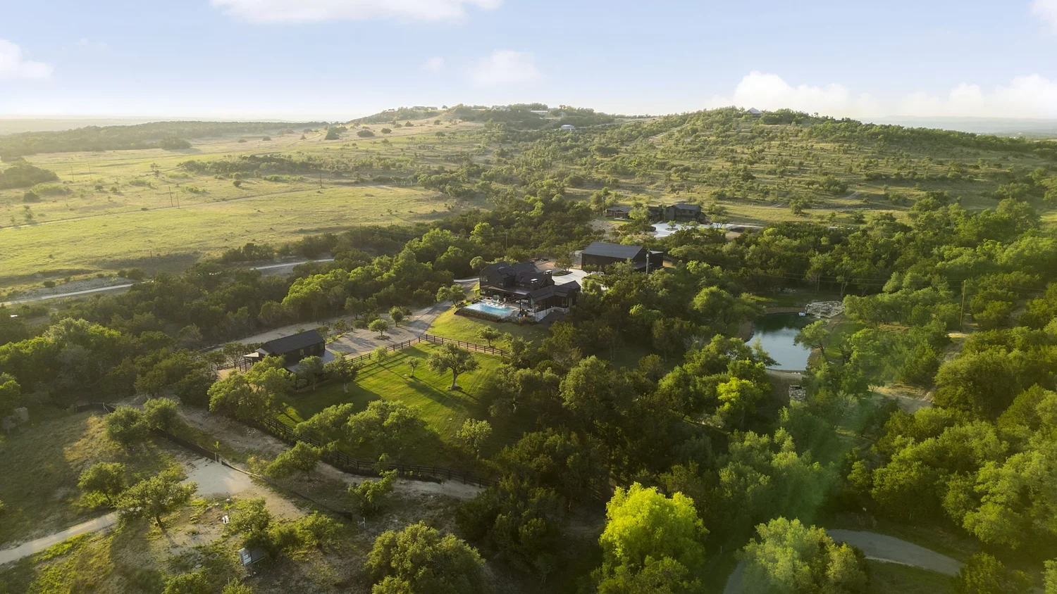 Aerial view of the Hill Country compound on Happy Trail