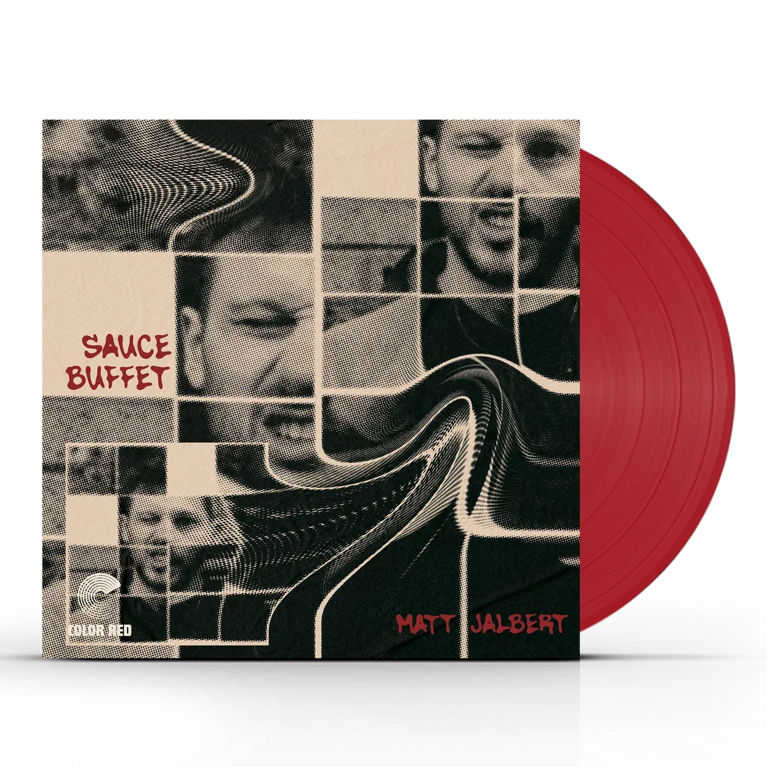 Matt Jalbert's Sauce Buffet album on red vinyl record partially visible behind an abstract, distorted album cover with black and white photos of a woman's and a man's faces, and the red text 'Sauce Buffet' and 'Matt Jalbert'.