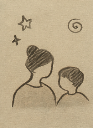 A simple line drawing of a woman with a bun hairstyle and a young boy with short hair, facing each other, with stars and a spiral in the background.