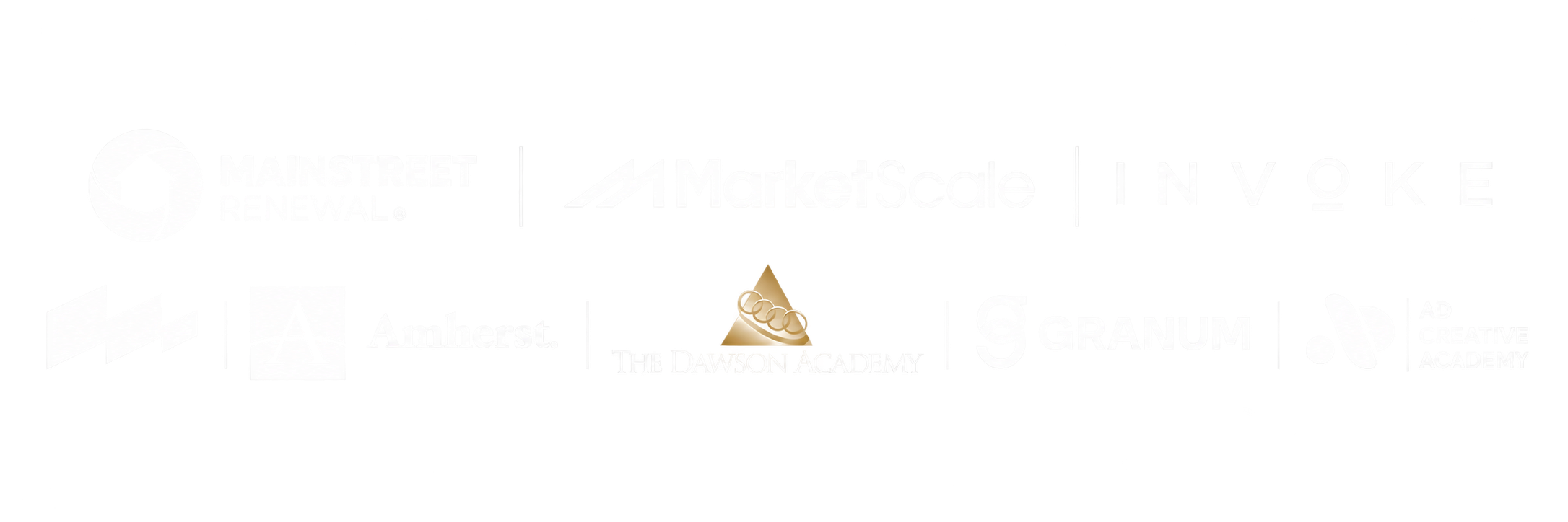 A black background with white logos and text for Main Street Renewal, Marketscale, Invoke, Amherst, The Dawson Academy, Granum, and Lab Creative Academy.