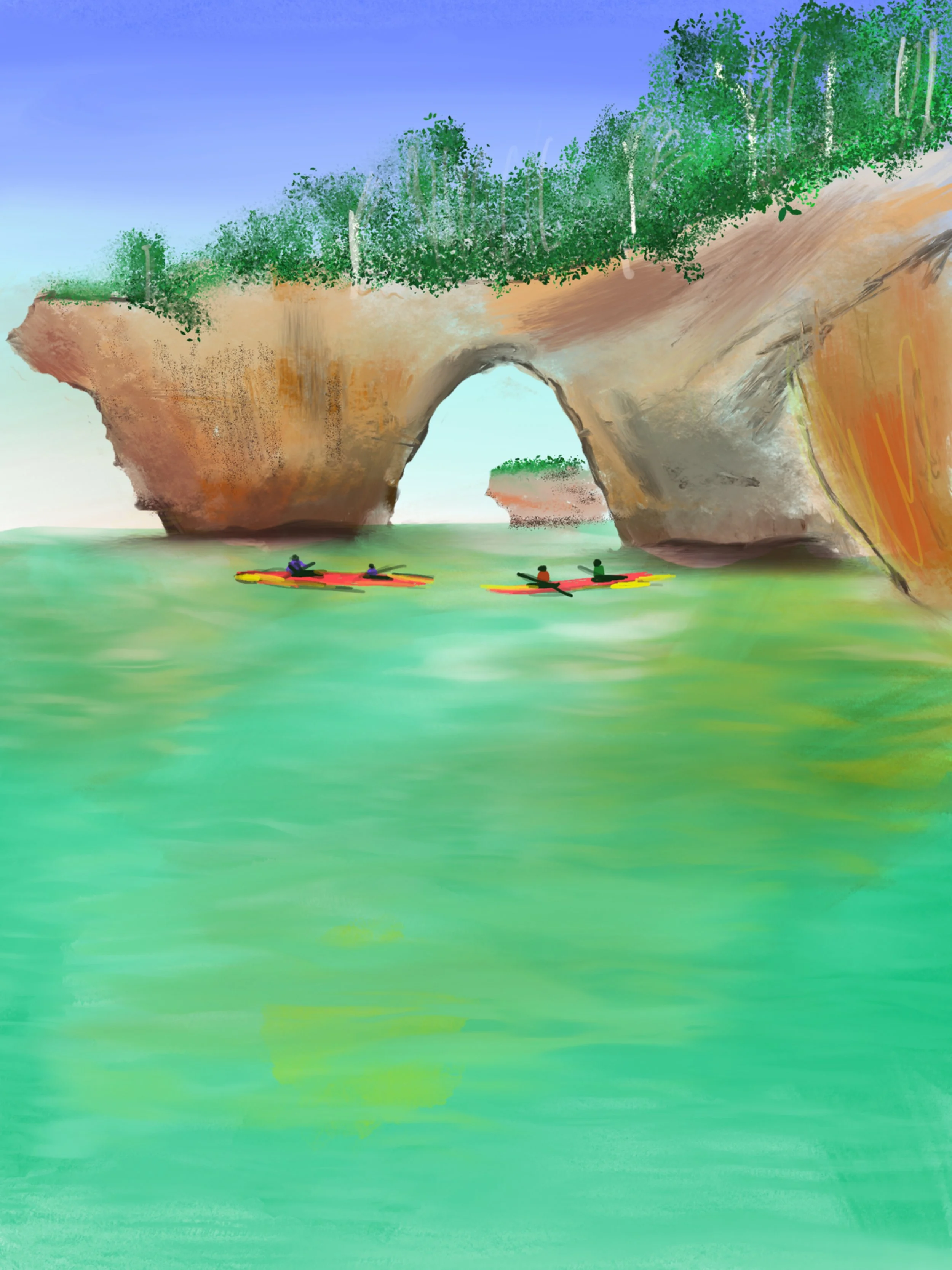 People kayaking in water near a rocky arch formation with greenery on top and a second smaller arch in the background.