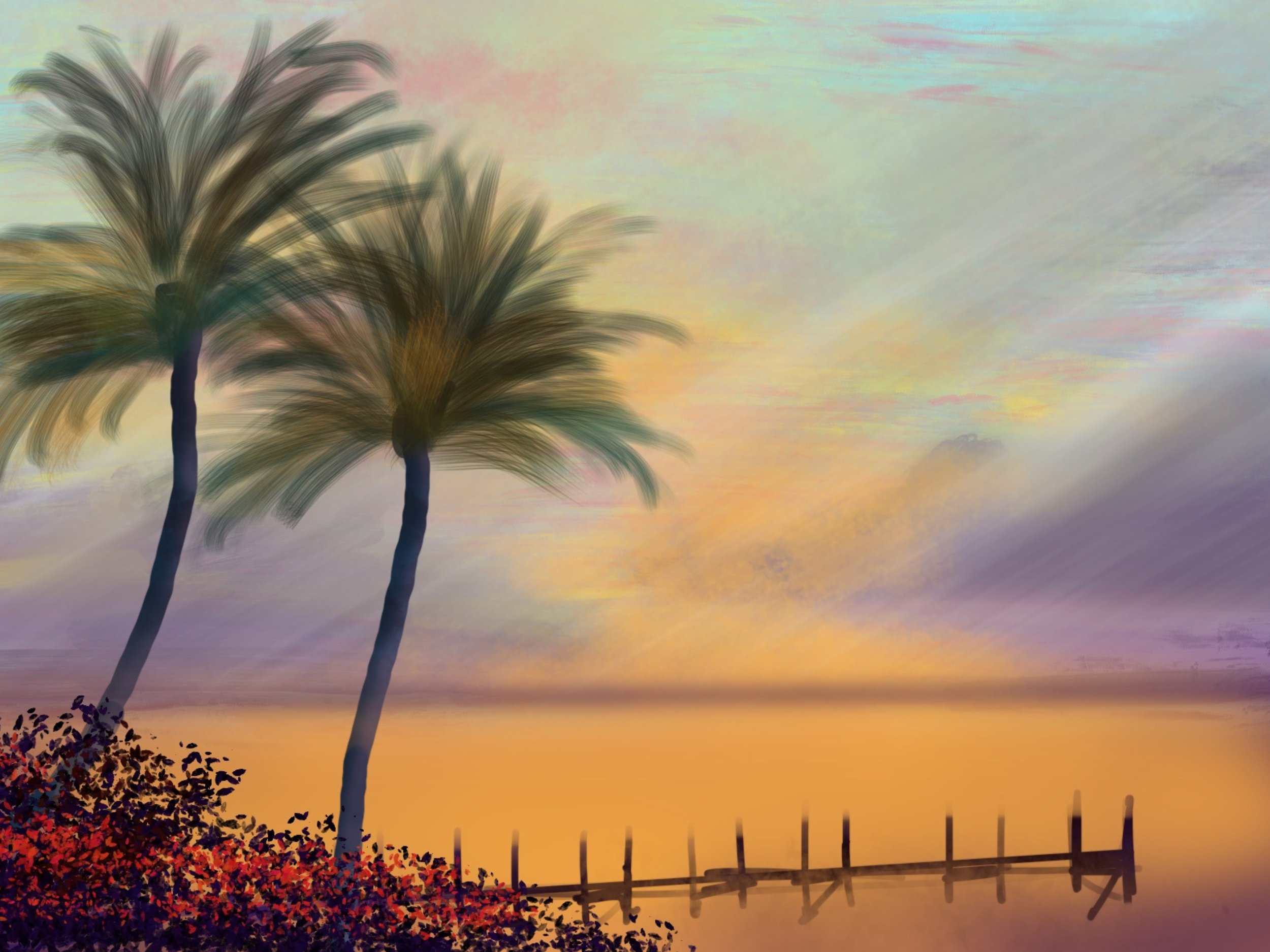 A colorful sunset over calm water with two palm trees and a small wooden dock