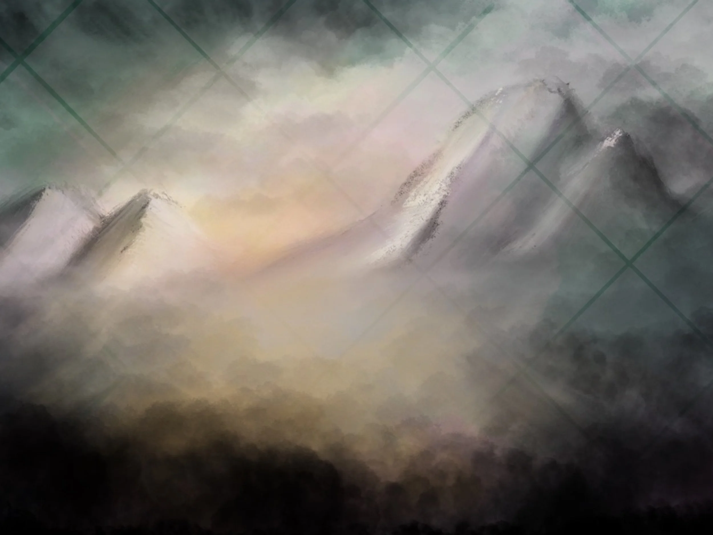 Abstract painting of mountain peaks with mist and clouds in soft pastel colors.