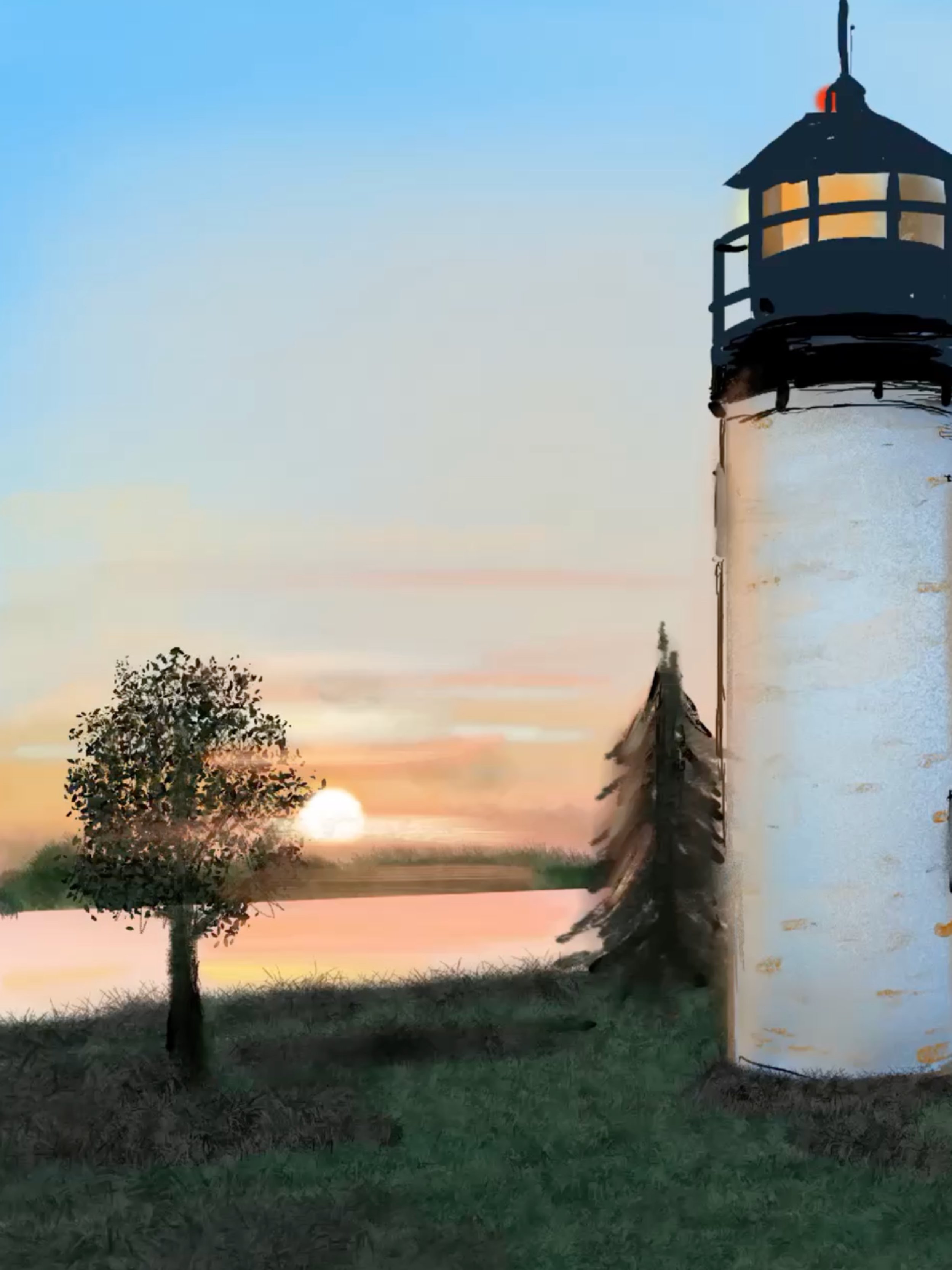 Painting of a lighthouse with a tree and a sunset in the background.