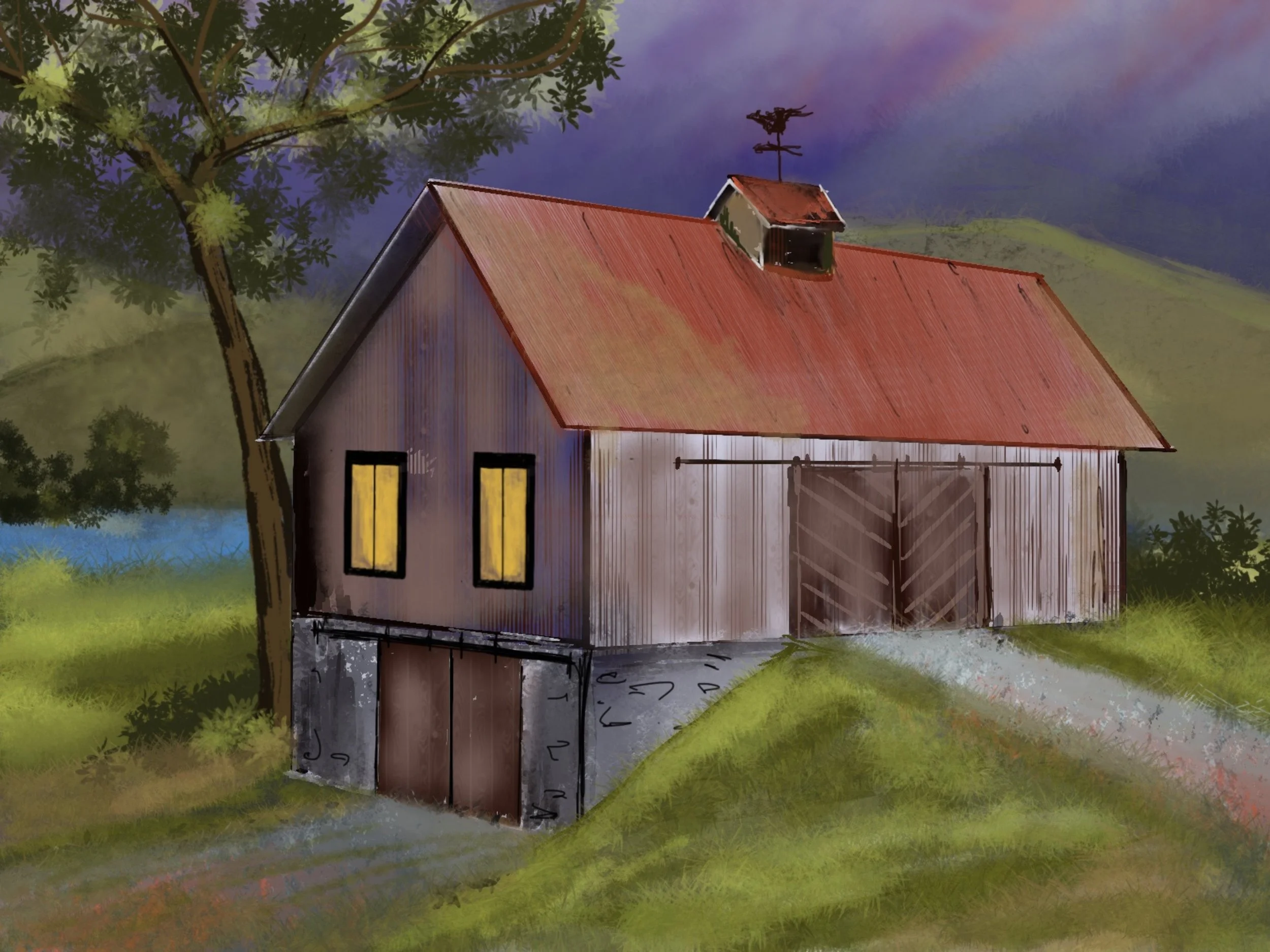 A rustic barn with a red, weathered metal roof and wooden siding, situated on a grassy hill with a gravel driveway leading up to it. There are two lit windows on the side and a large barn door, with a tree leaning nearby and a landscape with hills an