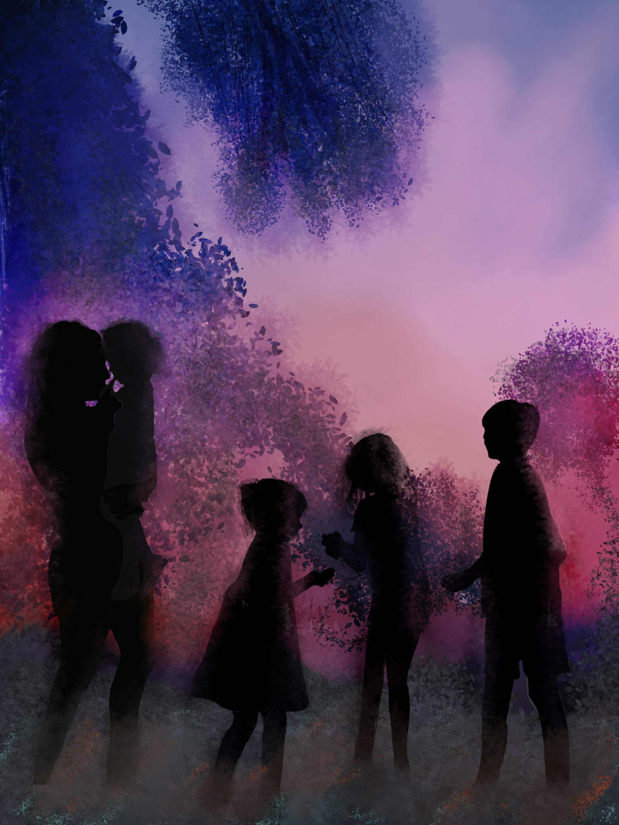 Silhouettes of a group of children standing outdoors in a colorful, abstract forest scene at sunset or sunrise.