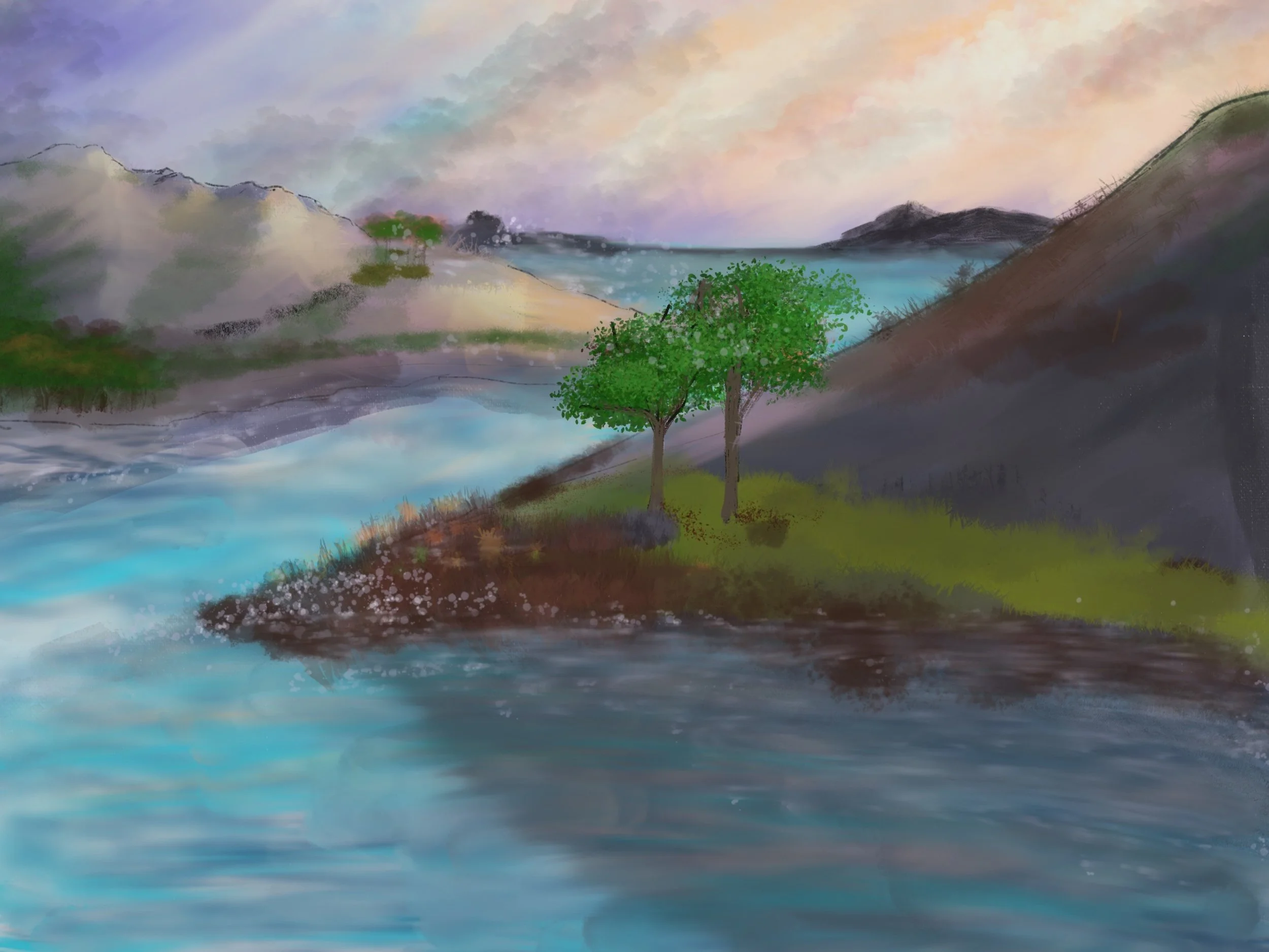 A scenic landscape painting of a river flowing through hills and mountains, with two green trees on a grassy patch near the water's edge, under a colorful sky.