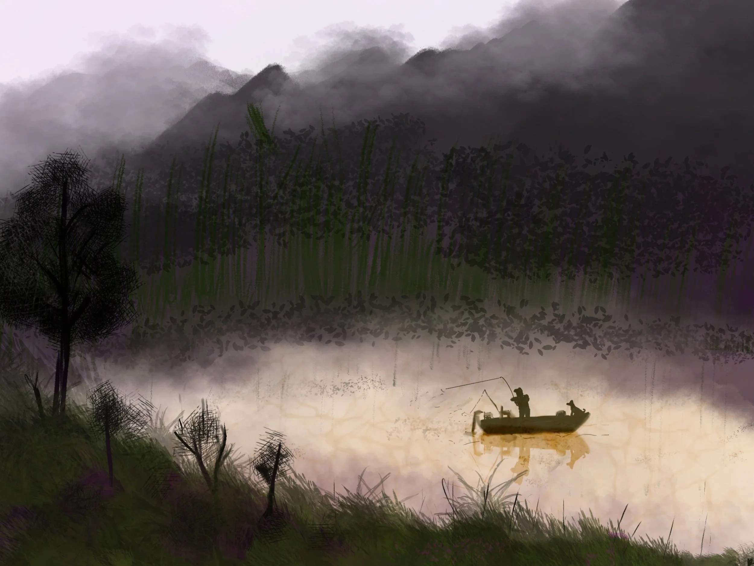 A person fishing from a small boat on a calm river surrounded by mountains and mist.