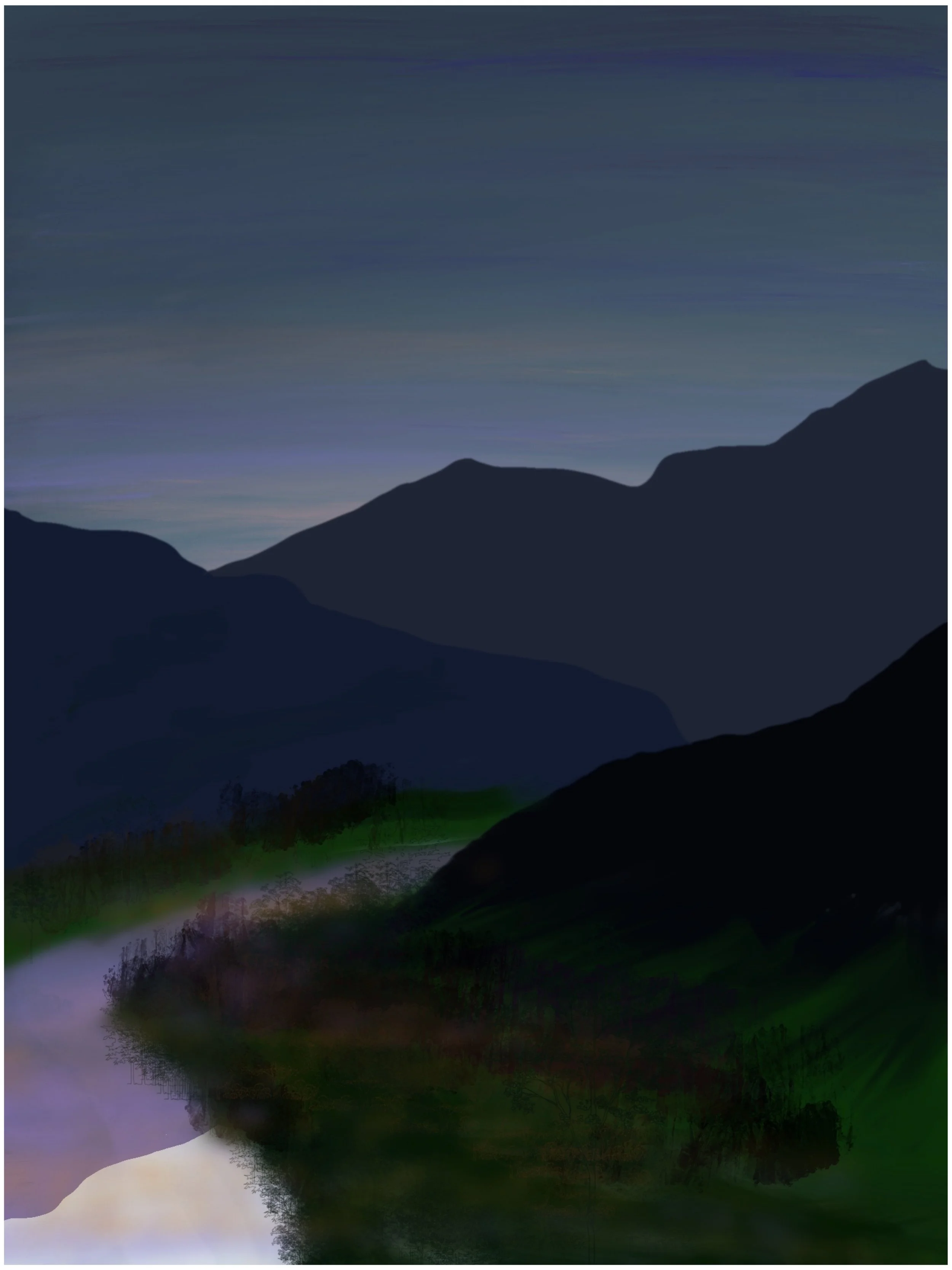 Silhouette of mountains during twilight with a calm river reflecting the landscape and a colorful sky.