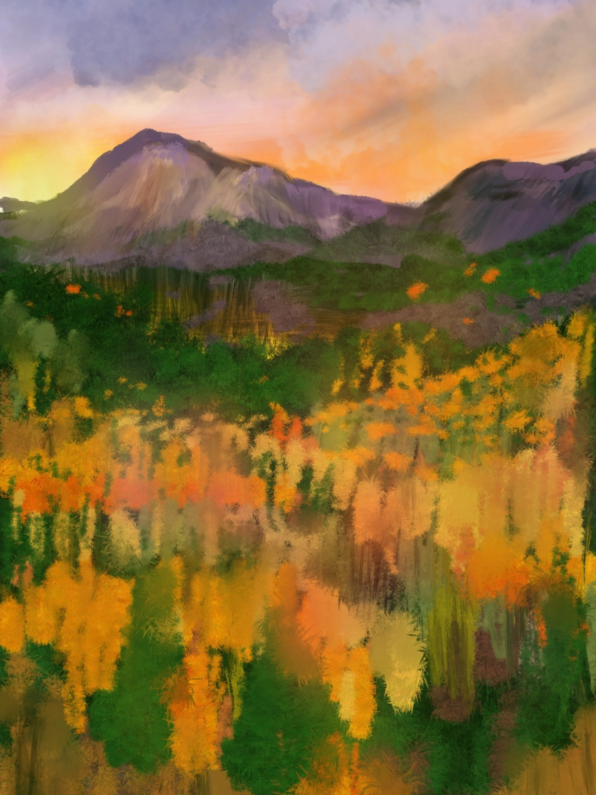 Digital painting of mountains, a reflective lake, and colorful autumn trees at sunset.