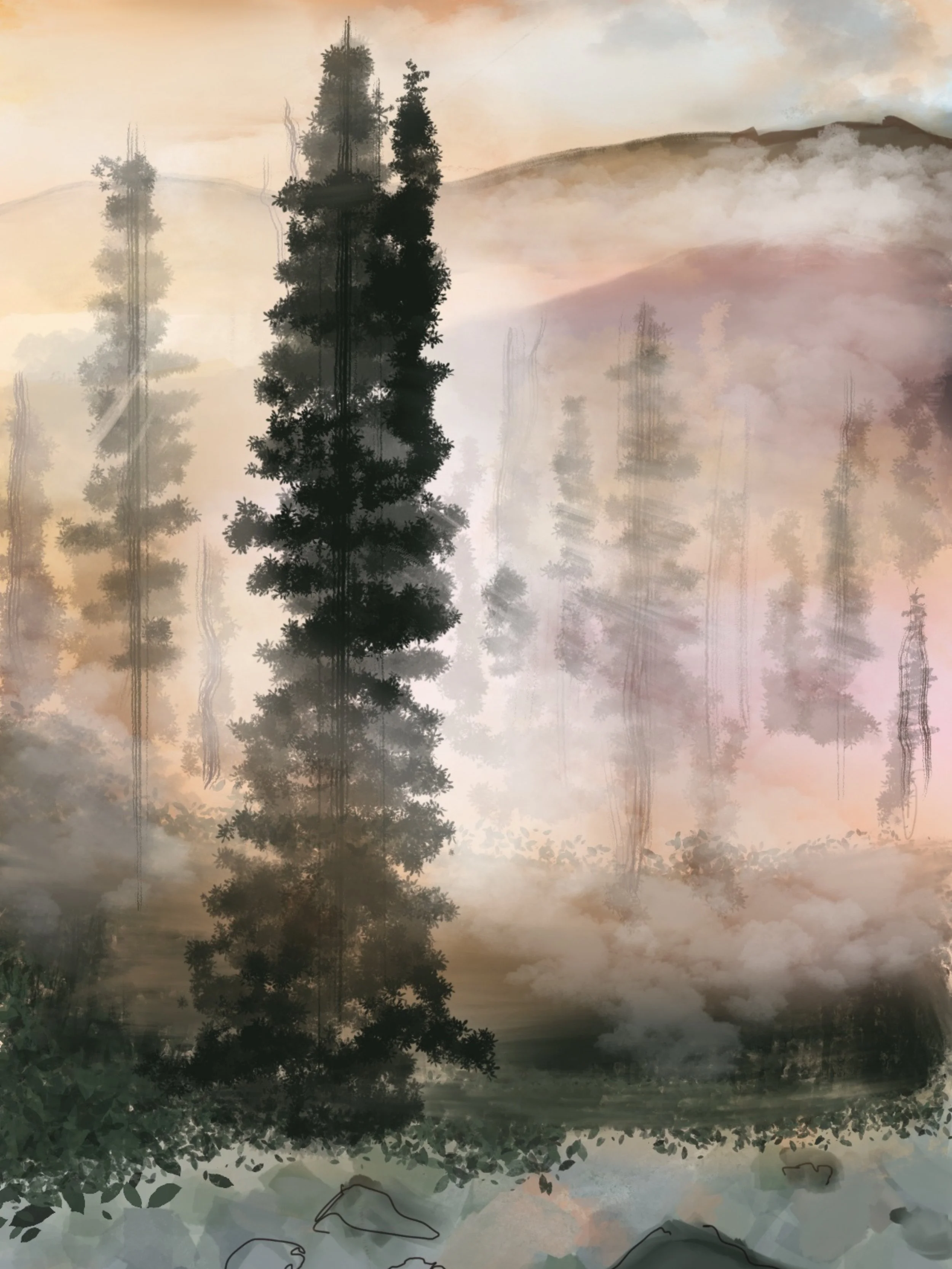 A digital painting of a misty mountain landscape with a tall pine tree in the foreground, surrounded by other trees and rolling hills in the background, with a soft, pastel-colored sky.