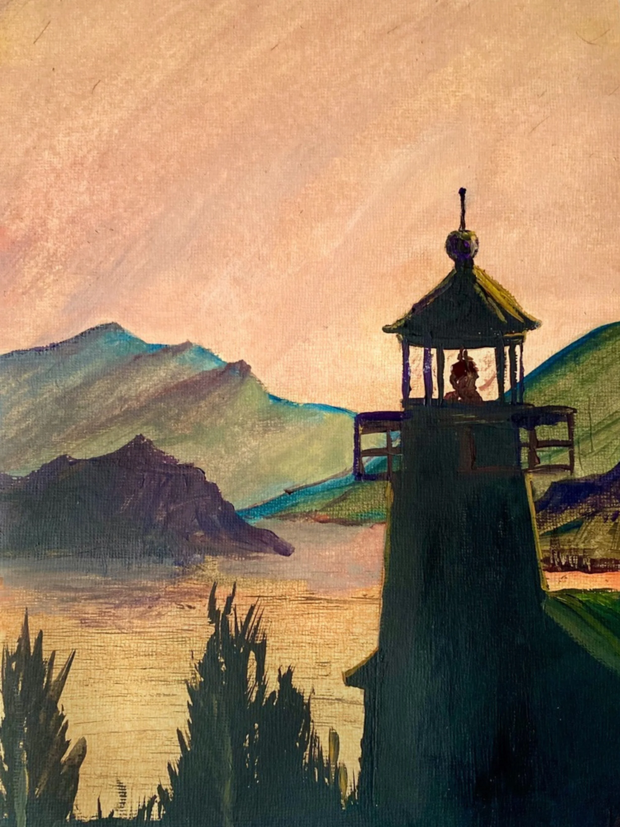 Watercolor painting of a landscape with a watchtower near water, mountains in the background, and pink sky at dusk.