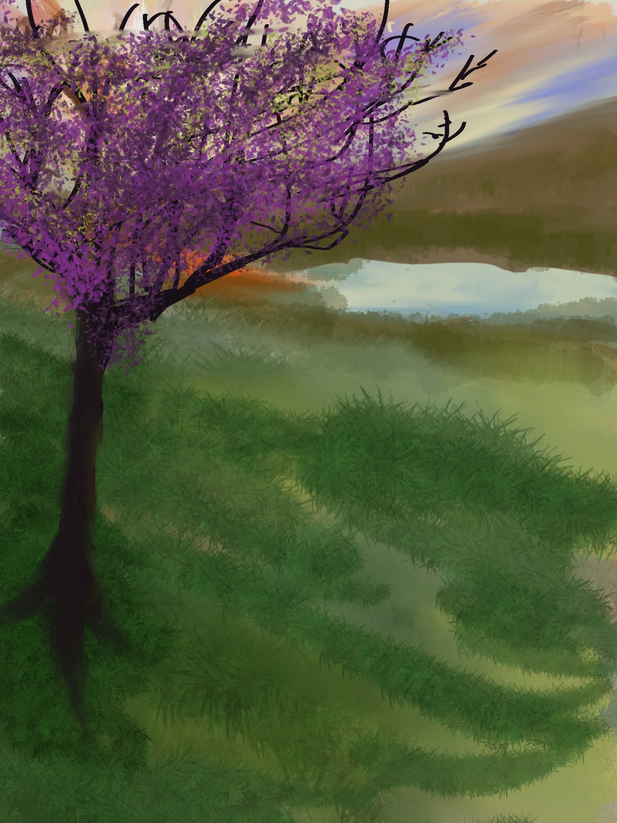A landscape painting of a tree with purple blossoms on a grassy hill, reflecting in water, with misty hills in the background and a sky with soft pastel colors.