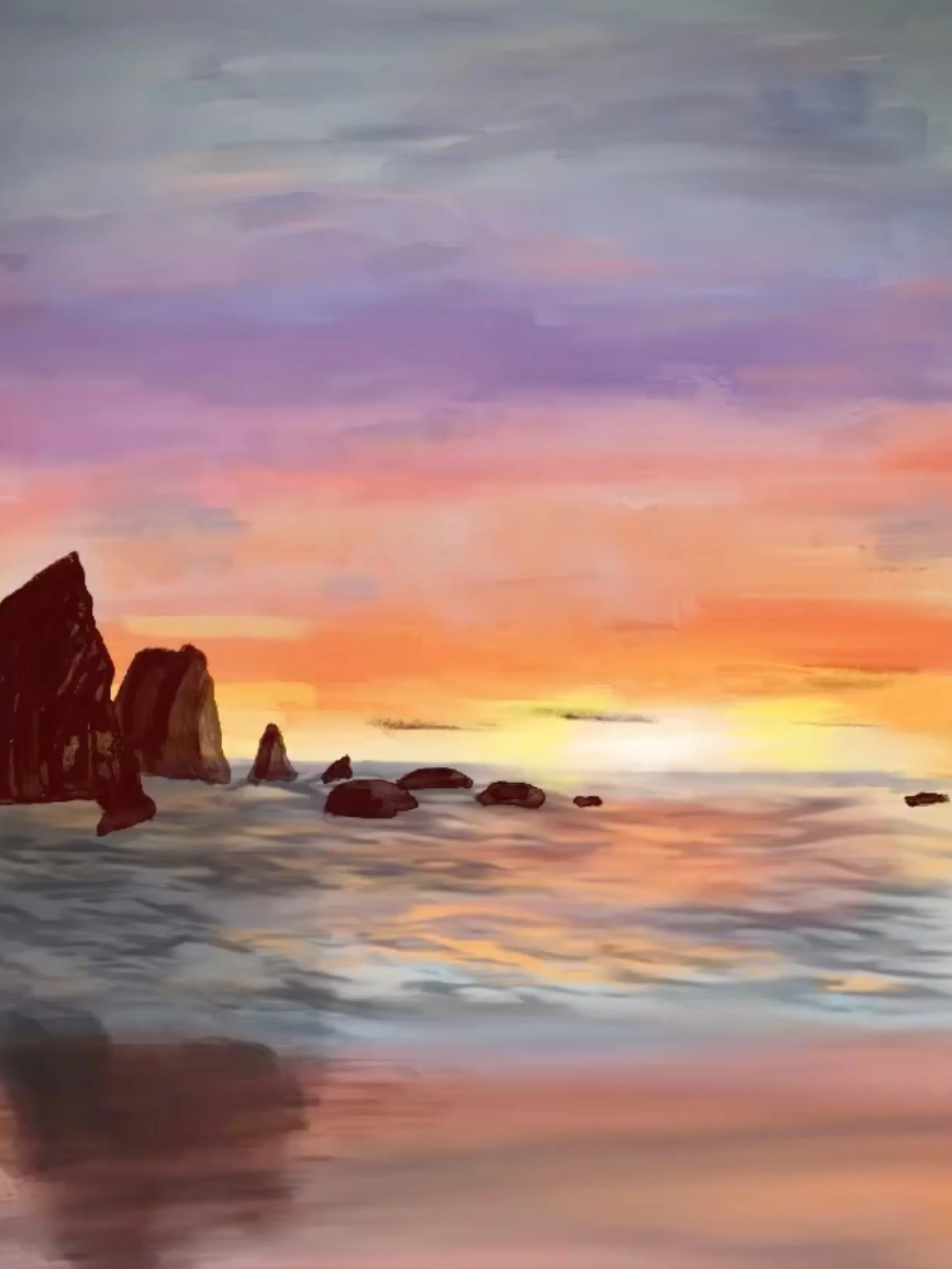 A painted seascape at sunset with rocks and cliffs along the shoreline, colorful sky with shades of purple, pink, orange, and yellow reflected on the water.