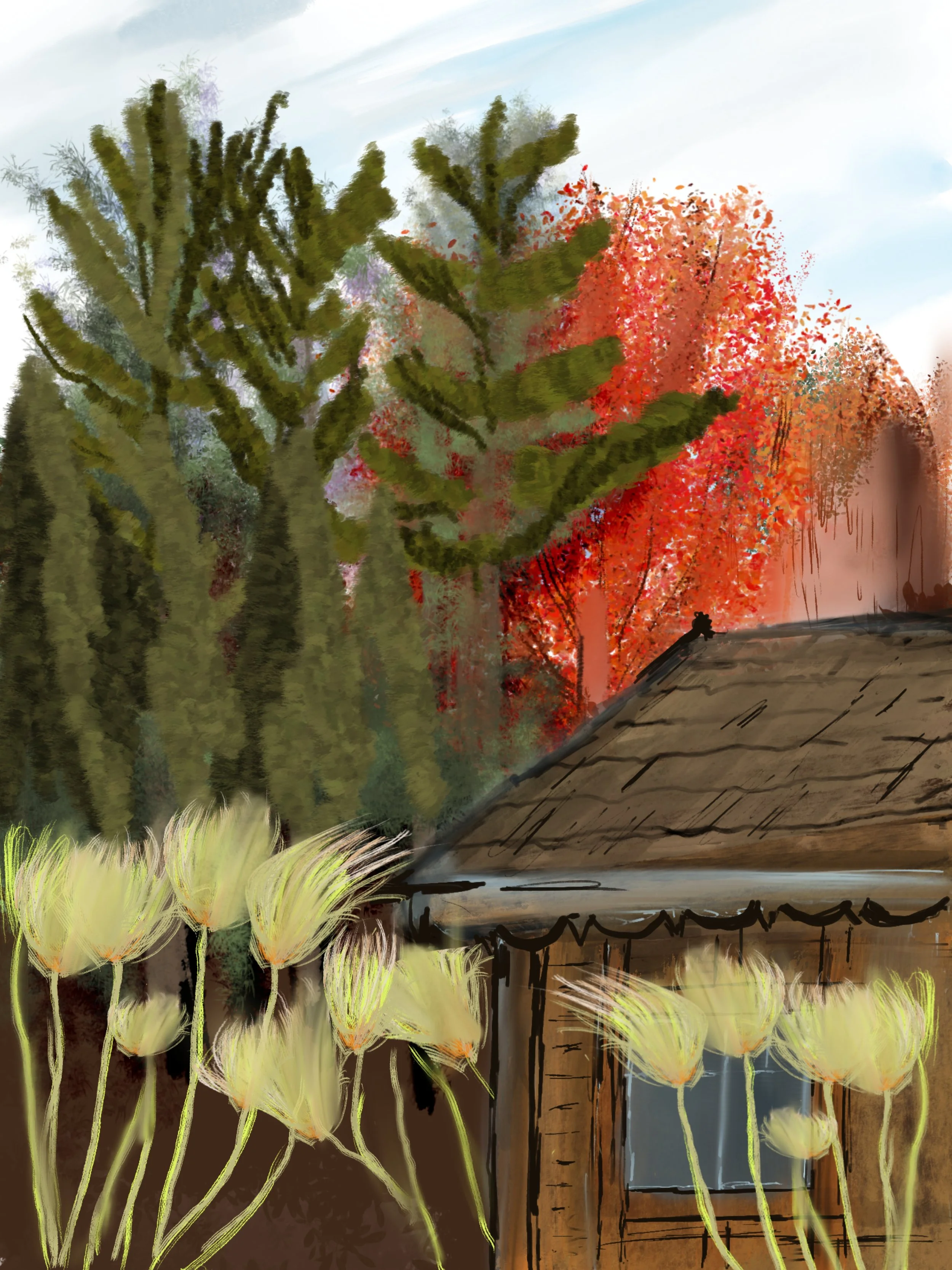 A painting of a rustic wooden house surrounded by autumn trees with red and orange leaves, and tall grass or plants in the foreground.