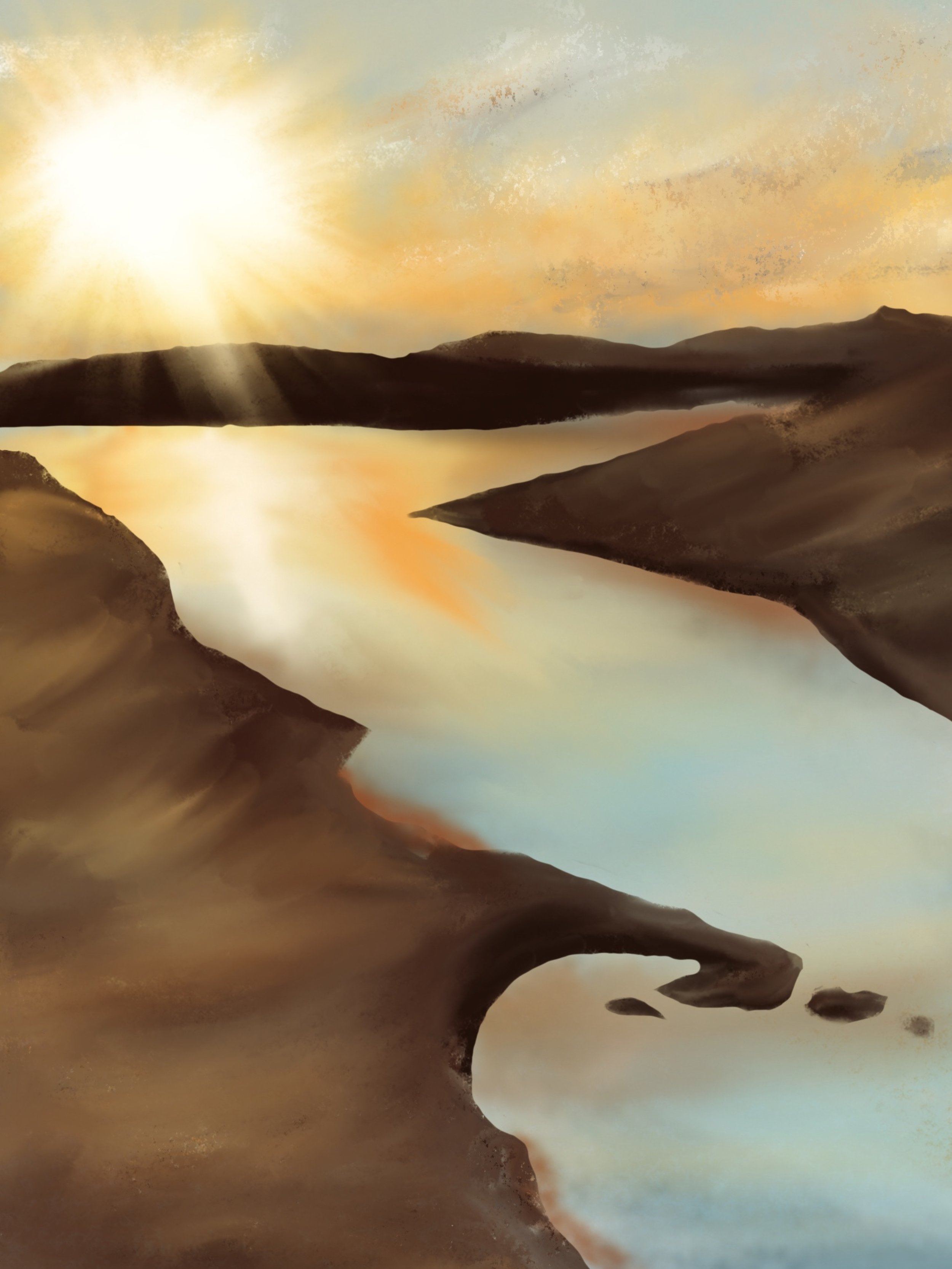 Sunrise over a calm lake surrounded by rocky hills and mountains, with the sky painted in warm colors.