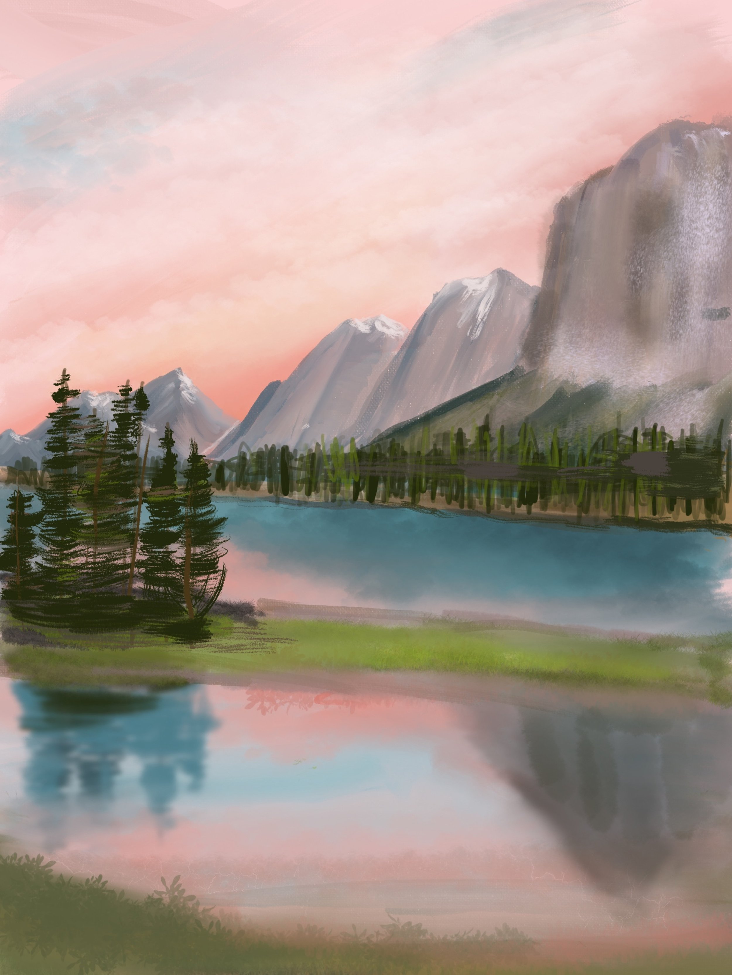 Digital painting of a serene landscape with a river in the foreground, green grass, clustered pine trees, and tall mountain peaks under a pink and orange sky.