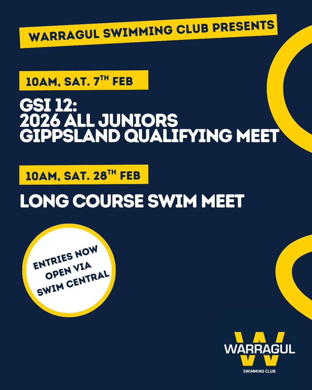 ⭐️⭐️TWO MEETS AT WARRAGUL THIS FEBRUARY! ⭐️⭐️

February is a bumper month at Warragul Swimming Club.

✅Saturday 7th February - GSI 12 - All Juniors Qualifying Meet 
✅Saturday 28th February - Club-run long course swim meet

7th February is a great opp
