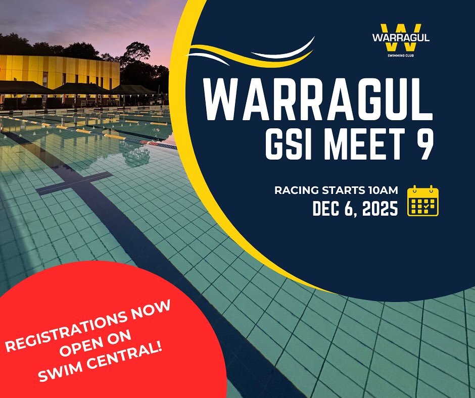 💛💙GSI Meet 9💙💛 

Entries now open on Swim Central! 

Warragul Swimming Club is hosting the last GSI meet before Christmas (Meet 9) on Saturday 10th December. 

We had a fantastic day of racing last weekend, and we&rsquo;re looking forward to welc
