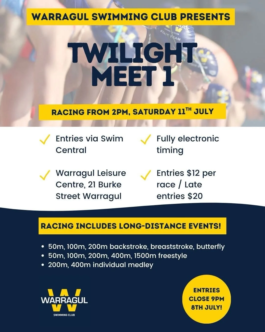 Short course season is here, and we&rsquo;ve got meets for you!

✅Saturday July 11th, from 2pm - Warragul Mid-winter Splash
✅Saturday July 25th, from 2pm - brought to you by Helix Hearing 

Both meets have longer race options, and entries are now ope