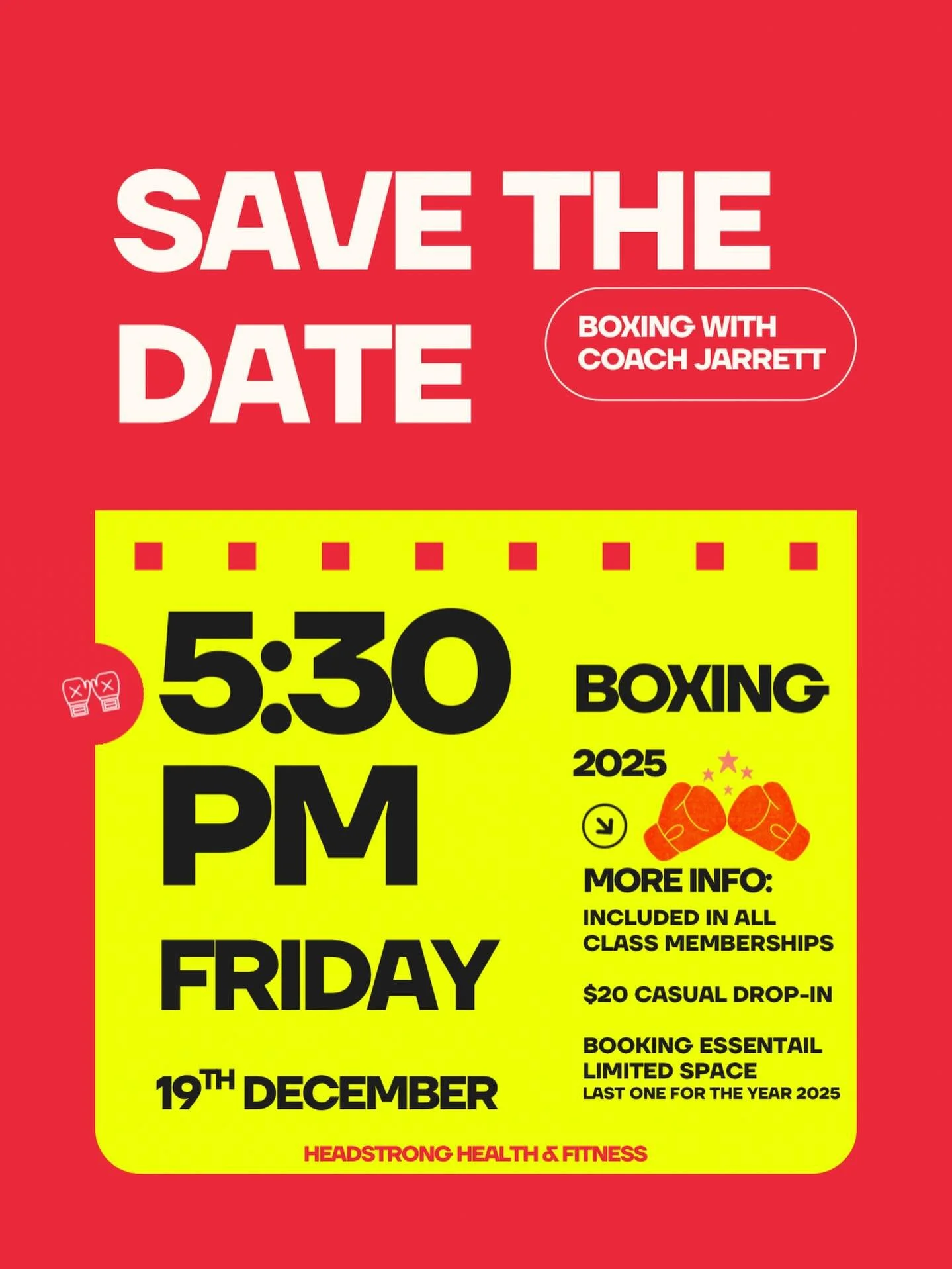 Finish the year strong 🥊
Boxing with Coach Jarrett is back and it&rsquo;s the last one for 2025.
🔥 Friday 19th December | 5:30pm
✔ Included in all class memberships

@coach.juarez 
#headstronghealthandfitness #coachjuarez #myrtlefordgym #boxing #br