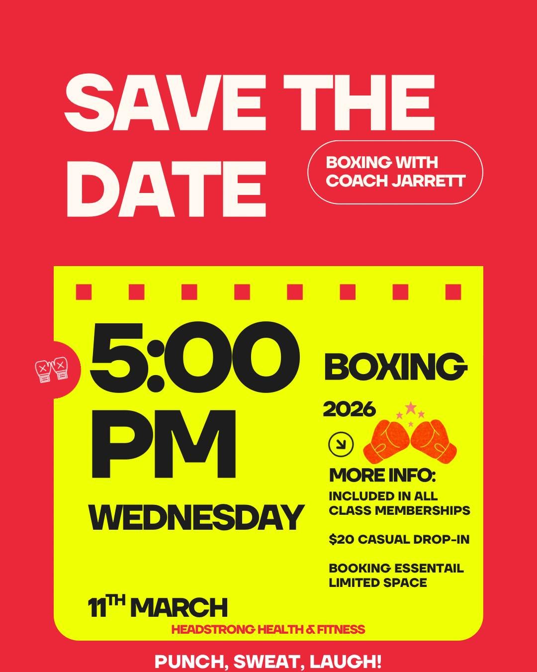 🥊 Wednesday Nights = Boxing at Headstrong!
We&rsquo;ve moved Boxing from Friday to Wednesday, and it&rsquo;s going to be the perfect mid-week energy boost.

Every Wednesday in March:
🥊 5PM &ndash; Boxing
💪 6PM &ndash; Strength &amp; Conditioning
N