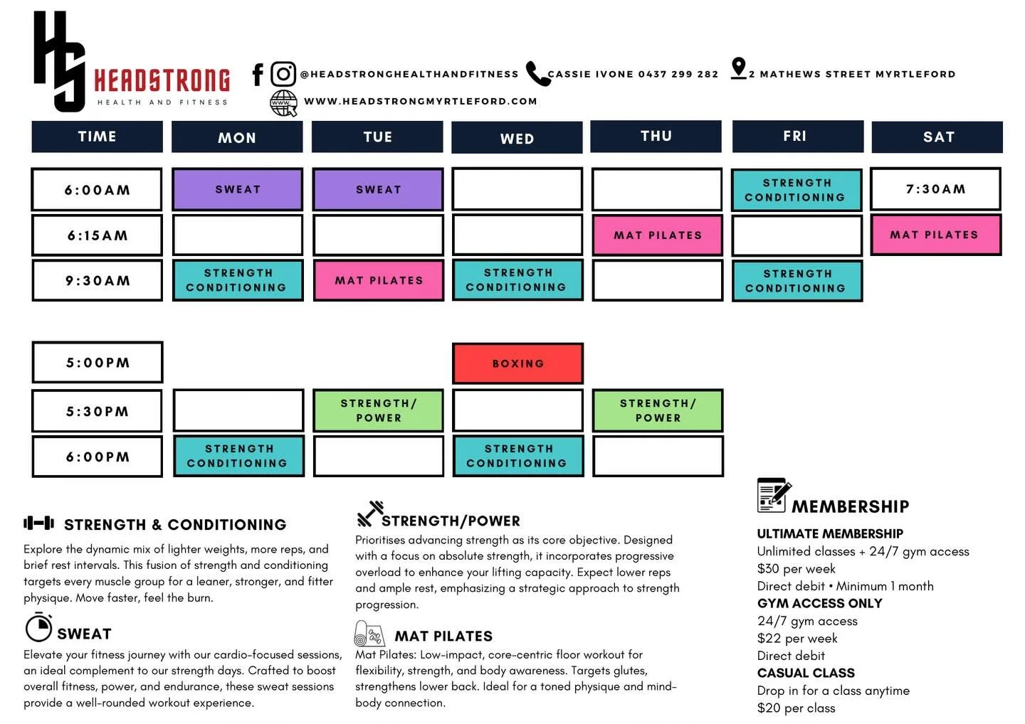 Timetable update at Headstrong 🔥
We&rsquo;ve added BOXING 🥊 Wednesdays at 5PM to the weekly lineup!

Looking for strength, fitness and variety? We&rsquo;ve got you covered.

🧘&zwj;♀️ Yoga is available once a month &ndash; we&rsquo;ll announce the 