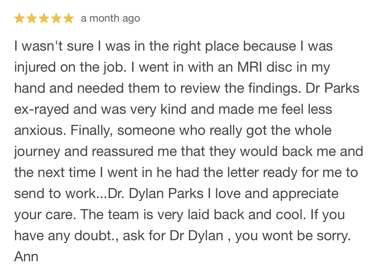 Customer review with five stars expressing gratitude for a caring and skilled doctor after a medical procedure, mentioning MRI and supportive staff.