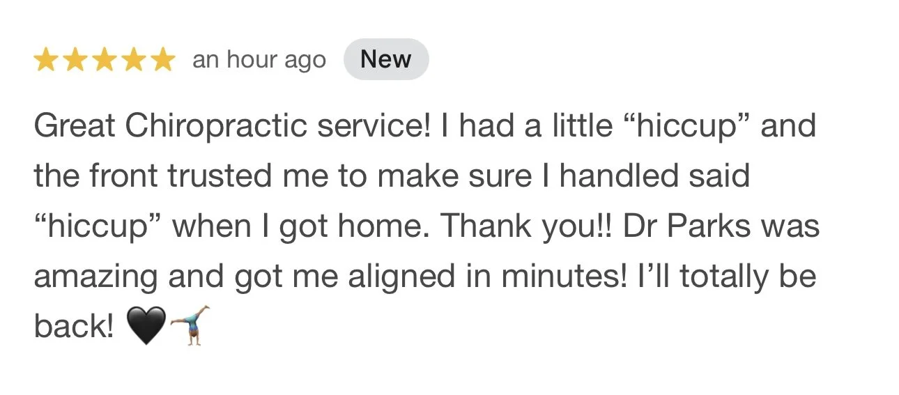 Customer review with five stars, a thumbs-up label, and a chiropractic review mentioning successful treatment and an image of a person doing a handstand or yoga pose.