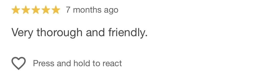 Five-star rating with a review saying "Very thorough and friendly."